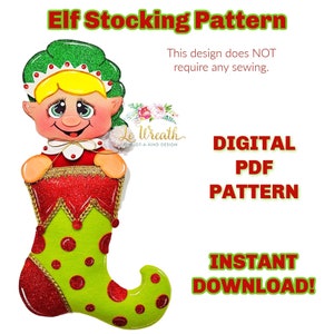 May include: A digital PDF pattern for a Christmas stocking shaped like an elf. The elf is wearing a green hat, a red shirt, and a gold belt. The stocking is green with red polka dots and a red cuff. The text "DIGITAL PDF PATTERN" and "INSTANT DOWNLOAD!" is displayed on a white background.