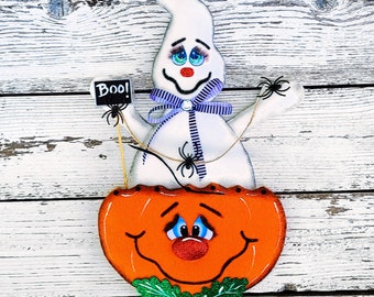 Handmade Halloween Ghost & Pumpkin Wreath Attachment, Halloween Ghost Decor, Halloween Hanger, Boo Ghost, Halloween Decor