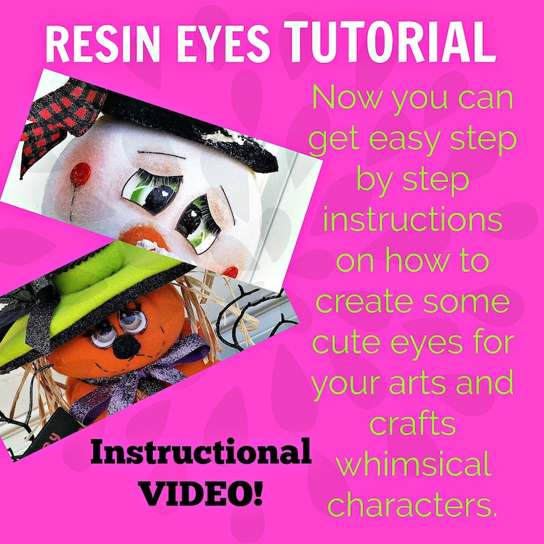 Pode incluir: Um fundo rosa com o texto "RESIN EYES TUTORIAL" e "Instructional VIDEO!". A imagem mostra dois personagens extravagantes com olhos de resina. O texto explica como criar olhos bonitos para artes e of&iacute;cios.