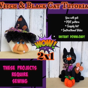 Halloween Witch & Black Cat Tutorial, Witch Head Tutorial, Doll Making, Black Cat tutorial, Halloween Crafts, Witch pattern, cat pattern