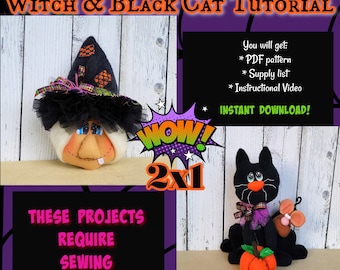 Halloween Witch & Black Cat Tutorial, Witch Head Tutorial, Doll Making, Black Cat tutorial, Halloween Crafts, Witch pattern, cat pattern