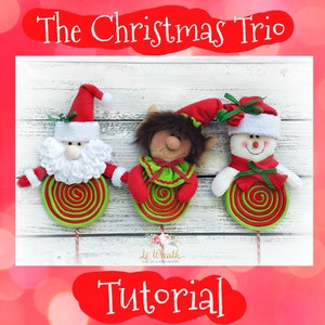 May include: A Christmas craft tutorial featuring three handmade ornaments: Santa, an elf, and a snowman. Each ornament is made with fabric and has a candy cane design.