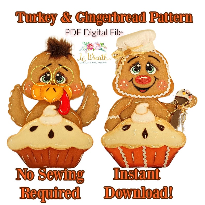 Puede incluir: Un patr&oacute;n digital para un pavo y un hombre de jengibre de fieltro sosteniendo un pastel. El patr&oacute;n es para un proyecto de manualidades y no requiere costura. El texto "Turkey & Gingerbread Pattern" y "PDF Digital File" est&aacute; en la parte superior de la imagen. El texto "No Sewing Required" est&aacute; debajo del pavo y el texto "Instant Download!" est&aacute; debajo del hombre de jengibre.