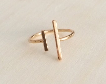 Gold plated bars ring, asymmetric bar ring, double bar ring, minimal ring, open bars ring, simple ring, delicate ring, trendy ring