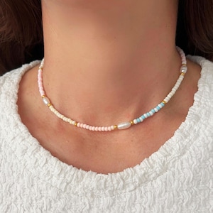 Pastel seed bead & pearls necklace, Adjustable beaded choker with freshwater pearls, Dainty beachy gift, Summer Jewelry Custom Length Choker