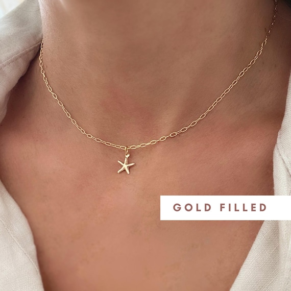 ★PEARLY MORE★ Small Star Daily Necklace 18 inch 14K Rose Gold Pave Diamond Starfish Pendant Necklace