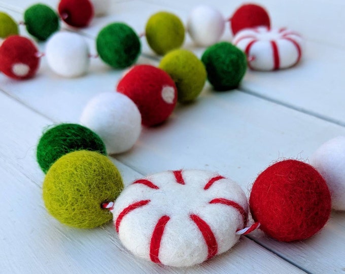 Christmas Garland : Peppermint Christmas Felt Ball Garland for Christmas mantel
