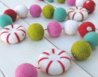 Christmas Garland : Peppermint Christmas Felt Ball Garland