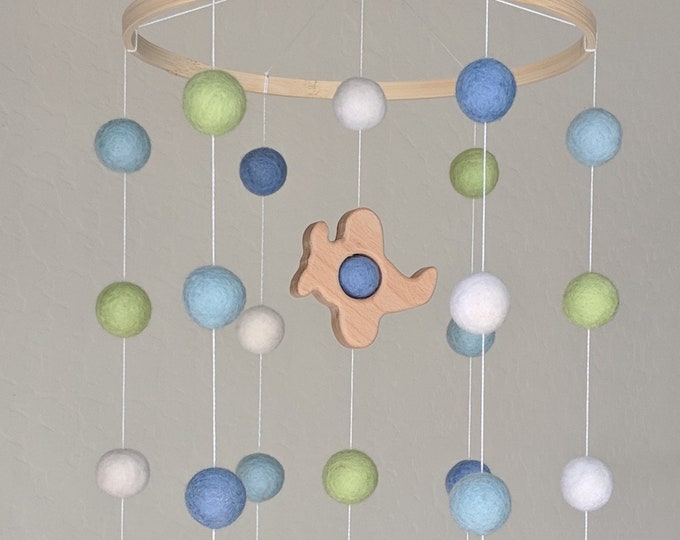Plane Baby Mobile : Blue Airplane Baby Mobile with wool felt balls