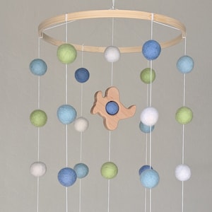 Plane Baby Mobile : Blue Airplane Baby Mobile with wool felt balls