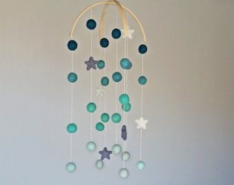 Baby Mobile : Night Sky Pom Pom mobile in Mint Ombre tones and stars