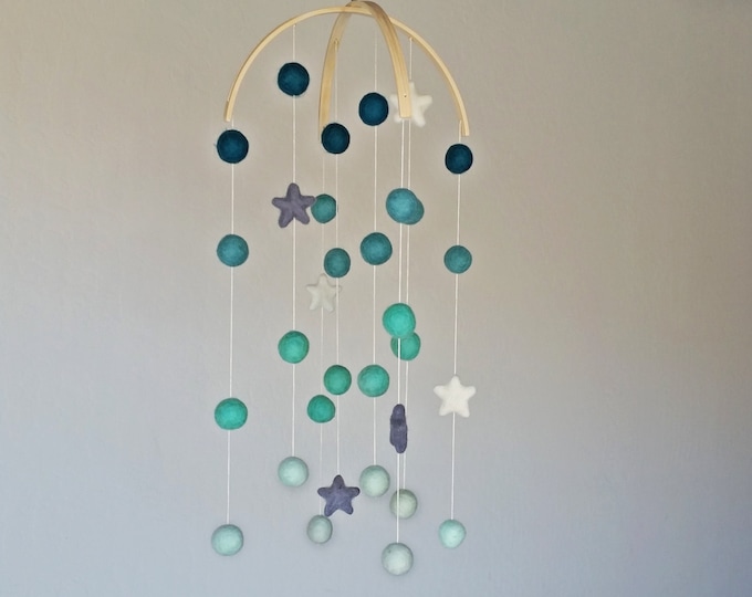 Baby Mobile : Night Sky Pom Pom mobile in Mint Ombre tones and stars