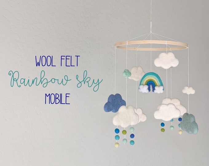 Rainbow Baby Mobile : Wool Felt Baby Mobile with Clouds and Rainbow