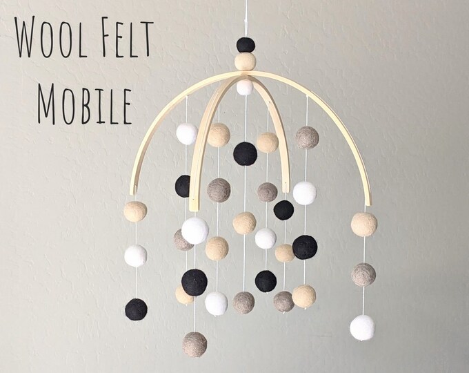 Black and White Baby Mobile : Woodland Baby Pom Pom Mobile in Neutral Palette