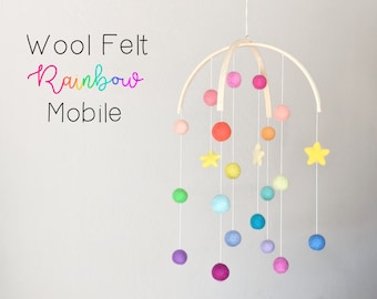 Baby Mobile : Rainbow Baby Mobile - felt poms and stars