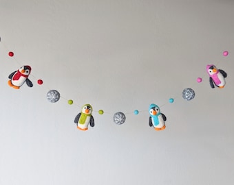 Christmas Garland : Felted Penguins and Snowflake Garland