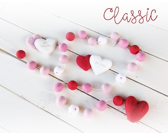 Wool Felt Valentine's Garland: Red, Pink, & White Pom Poms