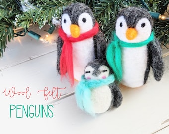 Adornos navideños de pingüinos: Adornos de pingüinos de fieltro de lana