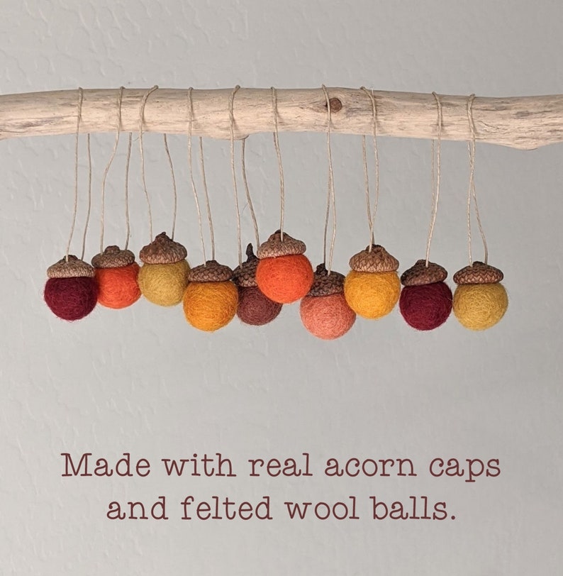 May include: A string of felt acorn ornaments in shades of red, orange, and yellow, hanging from a branch. The acorns are made with real acorn caps and felt wool balls. "Made with real acorn caps and felted wool balls." is written below the ornaments.