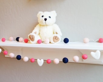 Nursery Garland : felt pom pom garland in coral and navy