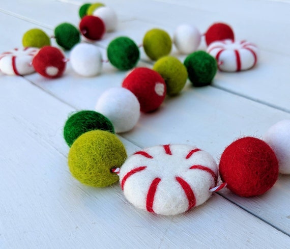 Christmas Garland : Peppermint Christmas Felt Ball Garland for Christmas mantel