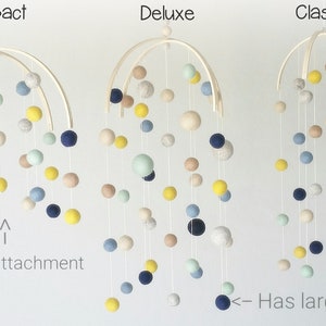Op de afbeelding: Drie houten babymobielen met viltballen in verschillende kleuren, waaronder geel, blauw, groen en cr&egrave;me. De mobielen zijn gelabeld met "Compact", "Deluxe" en "Classic". De "Deluxe" mobiel heeft grotere viltballen dan de andere twee.