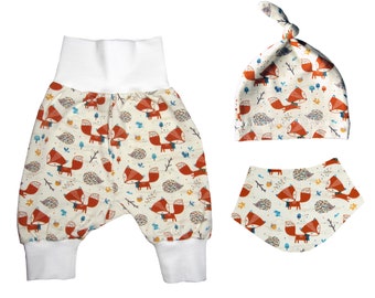 Bio Baby Set Fuchs und Igel weiß orange Waldtiere Mitwachshose Hose Mädchen Junge Frühchen Pumphose Tuch Mütze Babyset