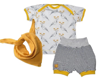 Bio Sommer Set Vögel grau senf Baby Pumphose Shirt Shorts Babyset Mädchen Sommerset