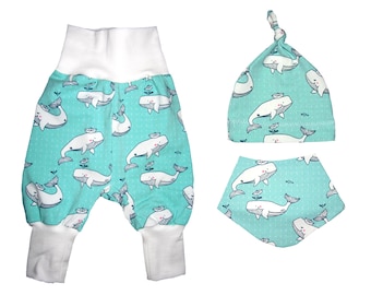 Bio Babyset mint dreiteilig Wal maritim Mitwachshose Kinder Pumphose Tuch Mütze Baby Set Junge Mädchen