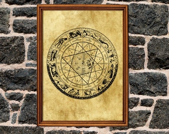 Koło zodiaku, wydruk alchemiczny, ilustracja astrologiczna, święty, sztuka starożytna, okultyzm, średniowieczny, magia, ezoteryczny wystrój domu