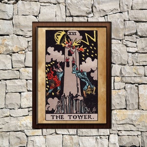 Impression de carte Tarot Tower, affiche vieillie, décoration murale taro, impression occulte, impression The Tower, affiche de tarot, impression de tarot