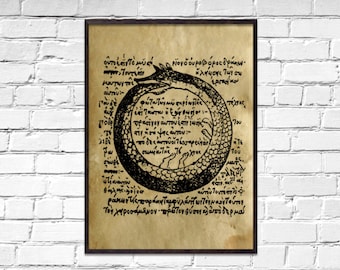 Ancient Uroboros old poster, Symbolic wall decor, dictionary print, ancient book page art, ouroboros