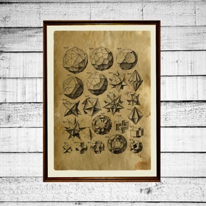 Platonic Solids Print, Heilige Geometrie Druck, Plato Poster, heiliger Druck, okkult antik Metatron Würfel Druck merkaba gealtertes Papier