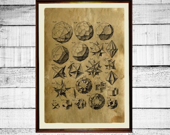 Platonic solids print, sacred geometry print, Plato poster, sacred print, occult antique metatron cube print merkaba aged paper