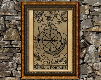 Tarot Wheel of fortune card print, aged poster, Taro wall decor, Occult print, The Wheel of fortune print, tarot poster, tarot print