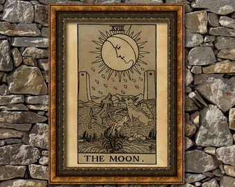 Tarot Moon card print, aged poster, Taro wall decor, Occult print, The Moon print, tarot poster, tarot print