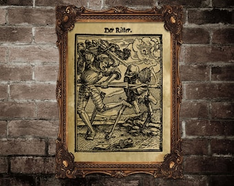 The Knight and the Death, Danse macabre poster, Medieval wall decor, 15 century litography print, ancient image, dark art
