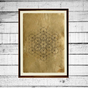 Levensbloem print, heilige geometrie print, poster metatron kubus, bloemenprint, occulte antieke metatron print verouderd papier
