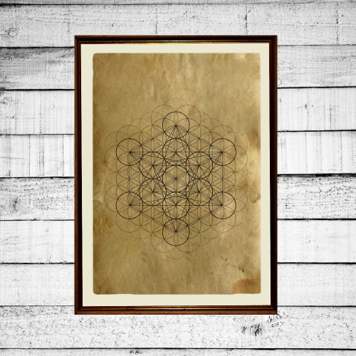 Flower of life print, sacred geometry print, metatron cube poster,  flower print, occult antique metatron print aged paper