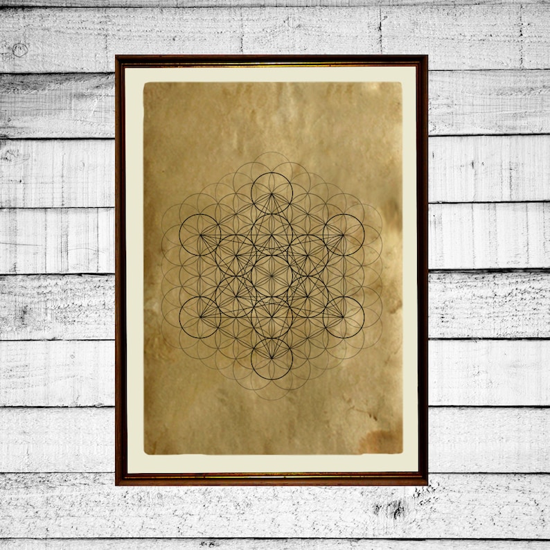 May include: A black and white geometric pattern, known as the Flower of Life, printed on a brown parchment-like paper. The pattern is framed in a brown wood frame.