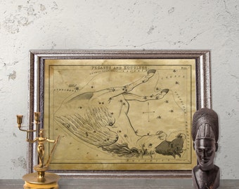 Astronomy wall decor, astrological print Pegasus and Equuleus constellation poster,  stellar print, ancient book page art