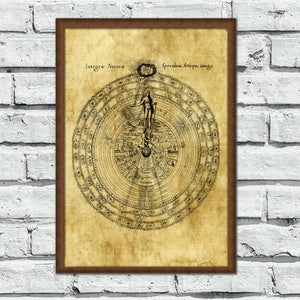 Op de afbeelding: Een vintage print van een cirkelvormig diagram met de tekst "Integra Natura Speculum Artisque Imago" bovenaan. Het diagram toont een vrouw die op een wereldbol staat, omringd door concentrische cirkels en tekst.