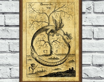 Alchemy Ouroboros, tree of life, alchemy occult print, Ancient poster, magick art, sacred alchemy geometry, esoteric home decor