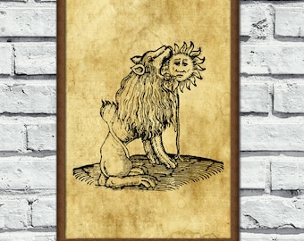May include: A vintage black and white illustration of a wolf biting into a sun with a human face. The image is on a textured, aged paper background.