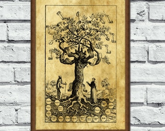 A ÁRVORE DO CONHECIMENTO, impressão alquímica, estudo medieval, pôster ocultista do zodíaco, arte oculta, alquimia mágica, geometria sagrada, decoração esotérica para casa