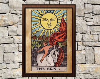 Tarot Sun card print, aged poster, Taro wall decor, Occult print, The Sun print, tarot poster, tarot print