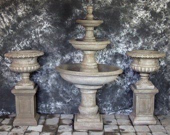 Three Tier Renaissance Fountain w/Classic Italian Urns Package Cement Water Feature Concrete Garden Fountain Cast Stone European Fountain