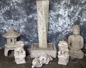 Rustic Twist Sphere Fountain with Japanese Pagoda and Meditating Buddha Package Cement Water Feature Concrete Garden Fountain Art Cast Stone