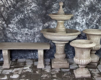 Ravello Two Tier Fountain with Italian Palazzo Urns and Bench Cement Water Feature Concrete Garden Fountain Cast stone Fuente