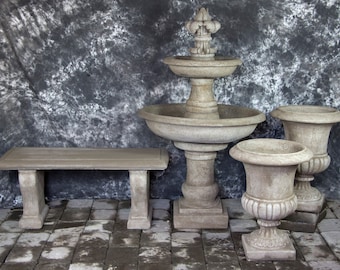 Ravello Two Tier Fountain with Fleur de Lis Finial and Italian Palazzo Urns with Bench  Concrete Water Feature Garden Fountain